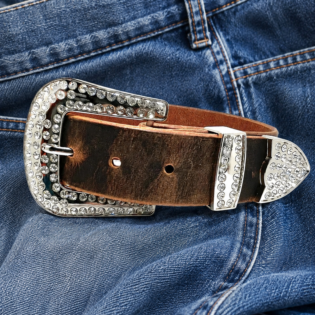 title=Women's Rhinestone Western Belt; color=Crazy Horse; hw=Chicago screws; hw_color=Nickel; buckle=Rhinestone; buckle_color=Silver