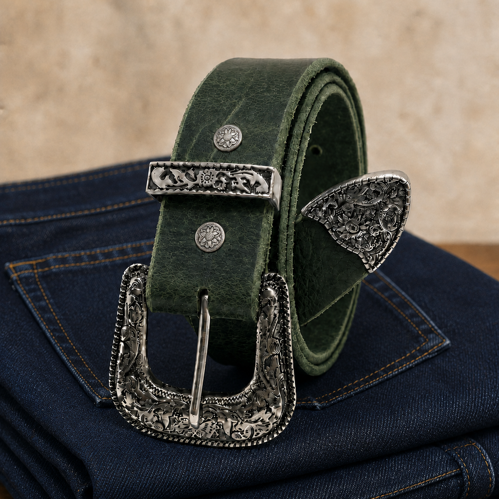 title=Premium Western Ranger Belt; color=Crazy Horse Green