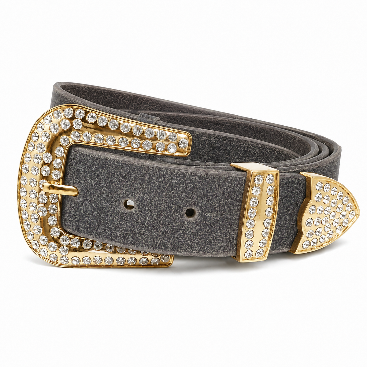 title=Women's Rhinestone Western Belt; color=Crazy Horse Gray; hw=Chicago screws; hw_color=Gold; buckle=Rhinestone; buckle_color=Gold