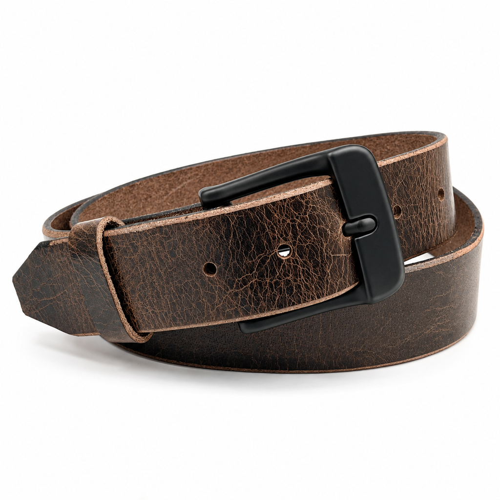 title=Men's Crazy Horse Buffalo Leather Belt; color=Antique Chocolate; hw=Premium Snaps, Chicago Screws; hw_color=Black; buckle_color=Black