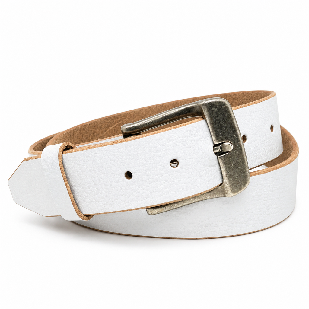 title=Men's Crazy Horse Buffalo Leather Belt; color=White; hw=Premium Snaps, Chicago Screws; hw_color=Nickel; buckle_color=Silver
