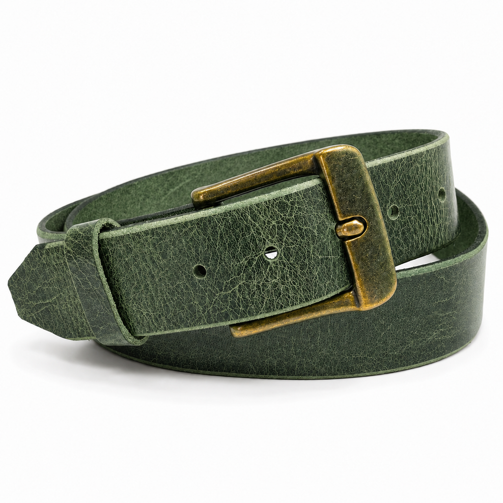 title=Men's Crazy Horse Buffalo Leather Belt; color=Crazy Horse Green; hw=Premium Snaps, Chicago Screws; hw_color=Brass; buckle_color=Brass