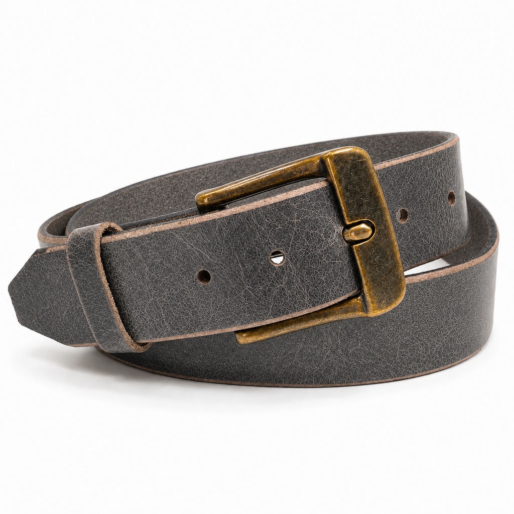 title=Men's Crazy Horse Buffalo Leather Belt; color=Crazy Horse Gray; hw=Premium Snaps, Chicago Screws; hw_color=Brass; buckle_color=Brass