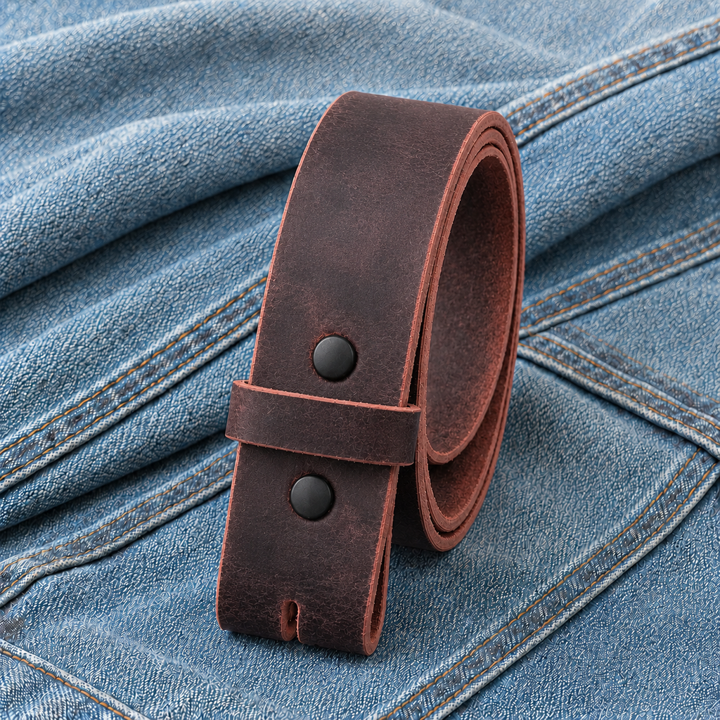 title=Buffalo Leather Belt Strap; color=Crazy Horse Red; hw=Premium Snaps; hw_color=Black