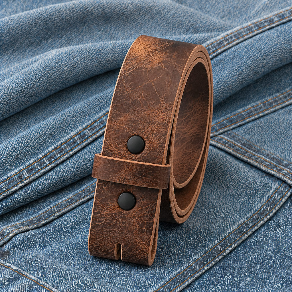 title=Buffalo Leather Belt Strap; color=Antique Brown; hw=Premium Snaps; hw_color=Black