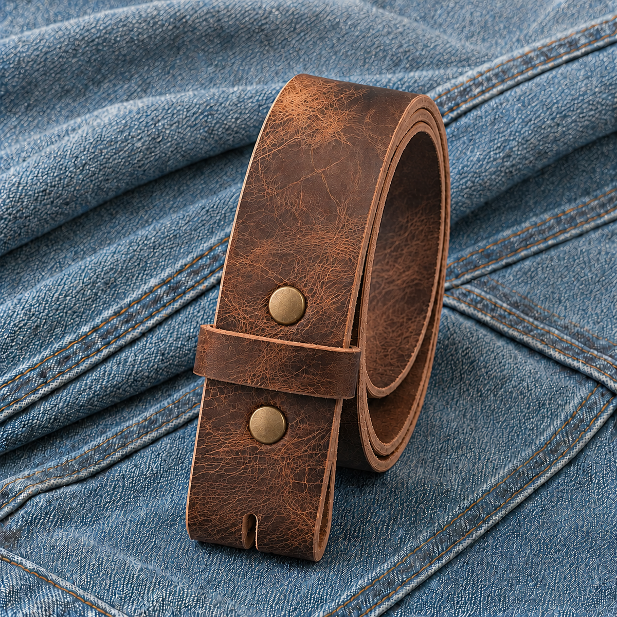 title=Buffalo Leather Belt Strap; color=Antique Brown; hw=Premium Snaps; hw_color=Brass