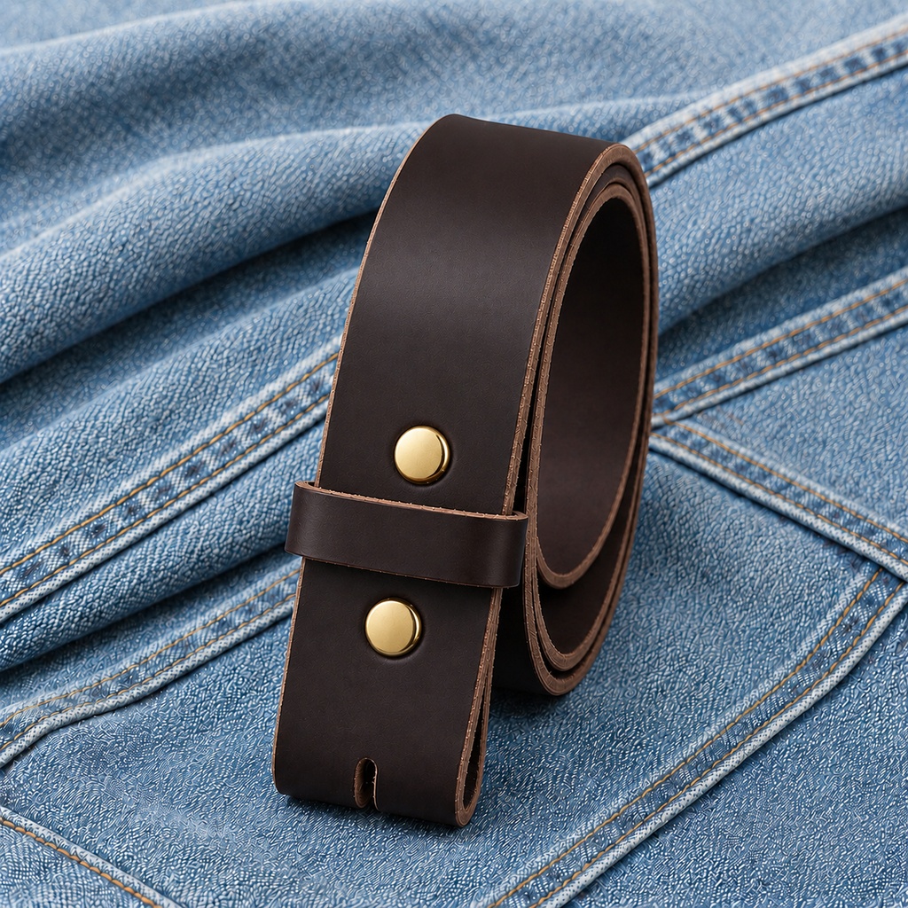 title=Buffalo Leather Belt Strap; color=Brown; hw=Premium Snaps; hw_color=Gold
