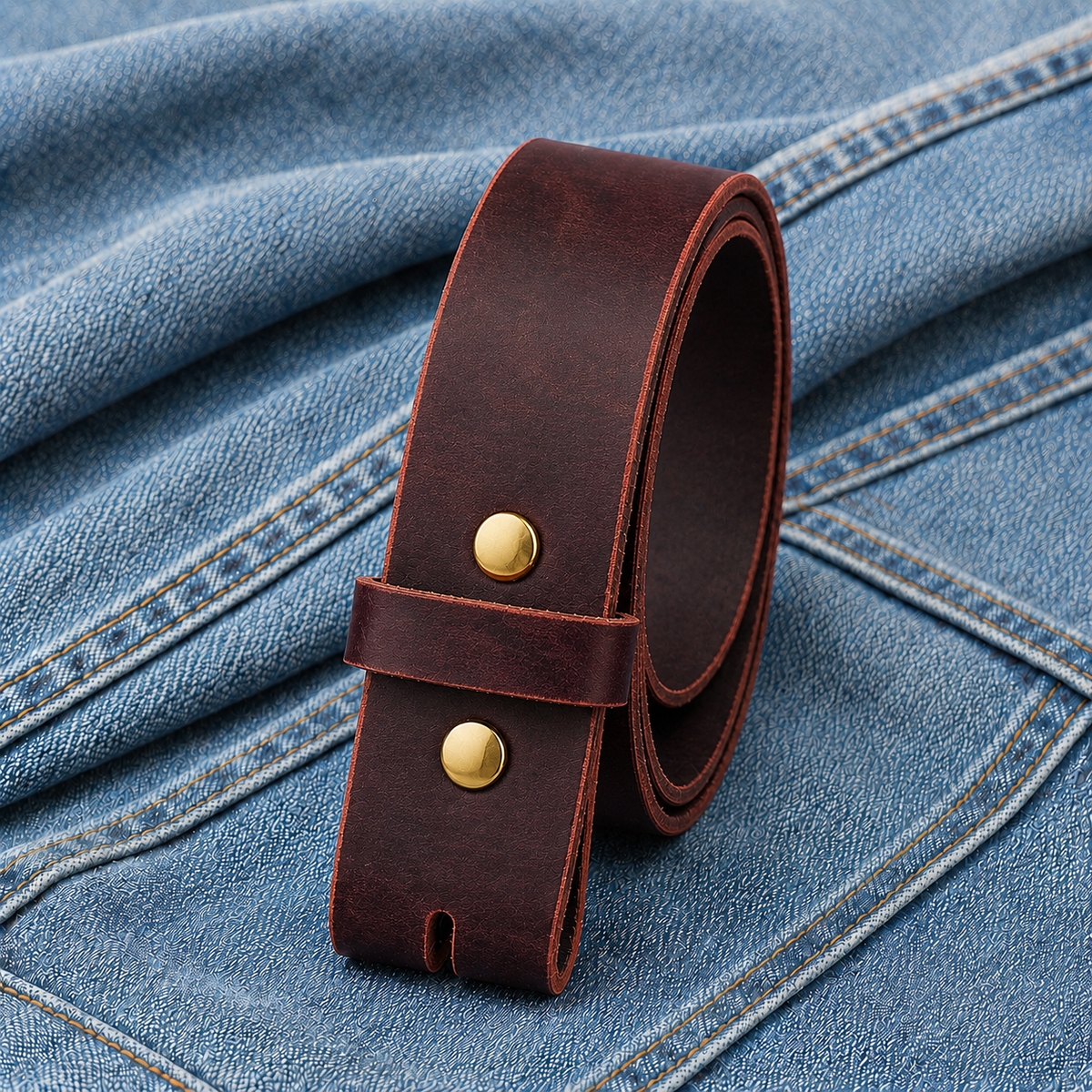 title=Buffalo Leather Belt Strap; color=Crazy Horse Red; hw=Premium Snaps; hw_color=Gold