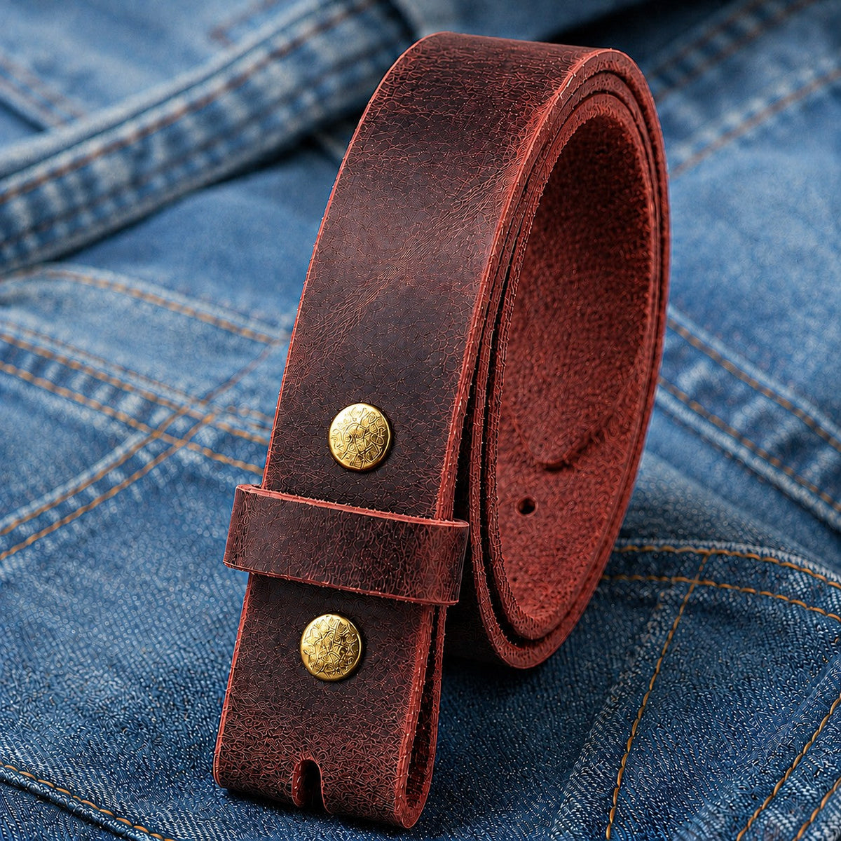 title=Buffalo Leather Belt Strap; color=Crazy Horse Red; hw=Premium Snaps; hw_color=Gold
