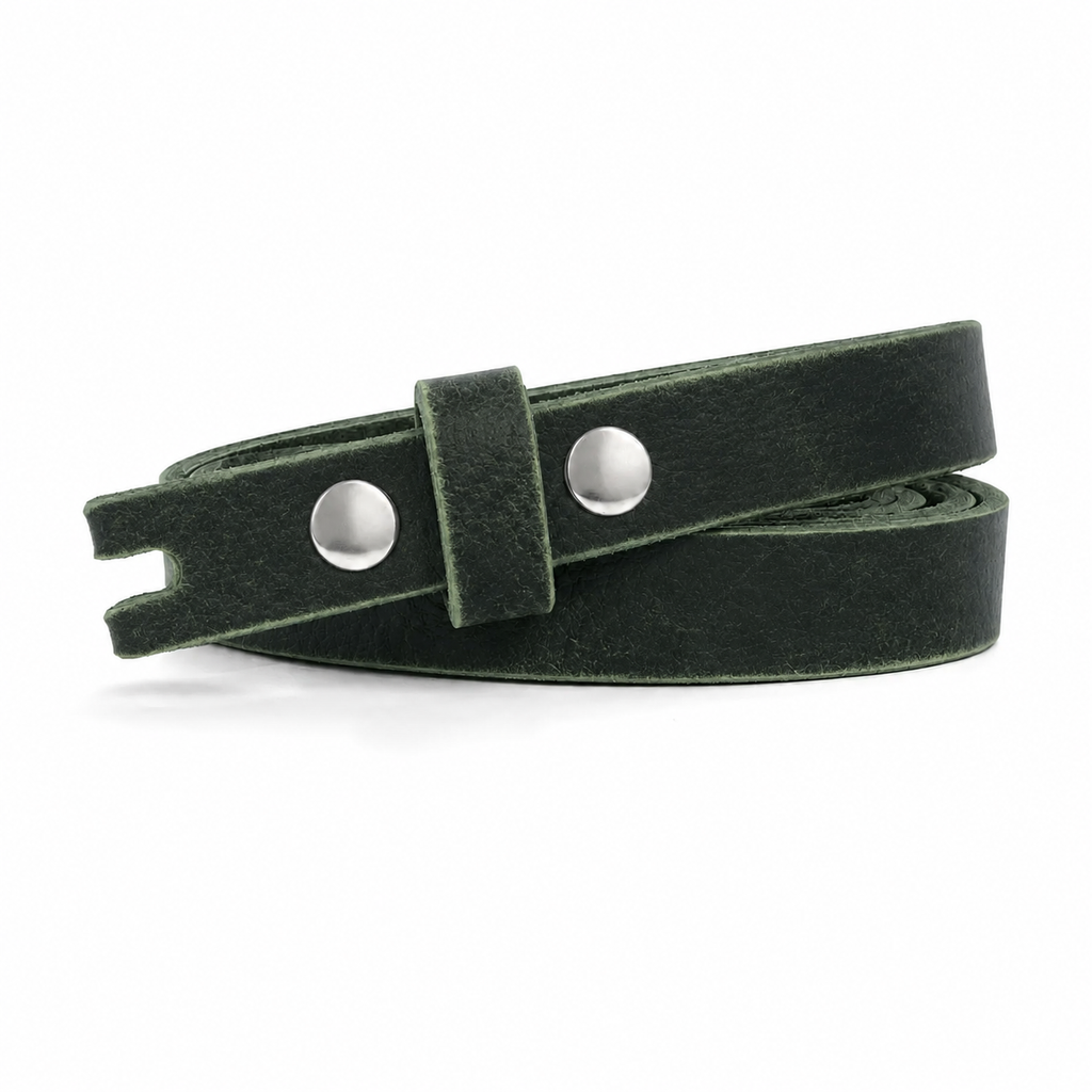 title=Narrow Women's Leather Belt; color=Crazy Horse Green; hw=Premium Snaps; hw_color=Nickel