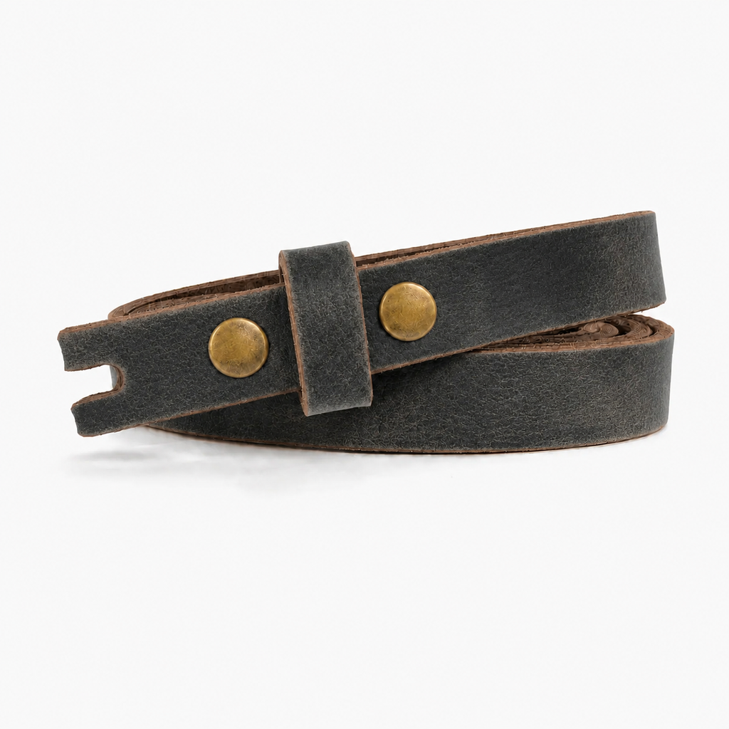 title=Narrow Women's Leather Belt; color=Crazy Horse Gray; hw=Premium Snaps; hw_color=Brass