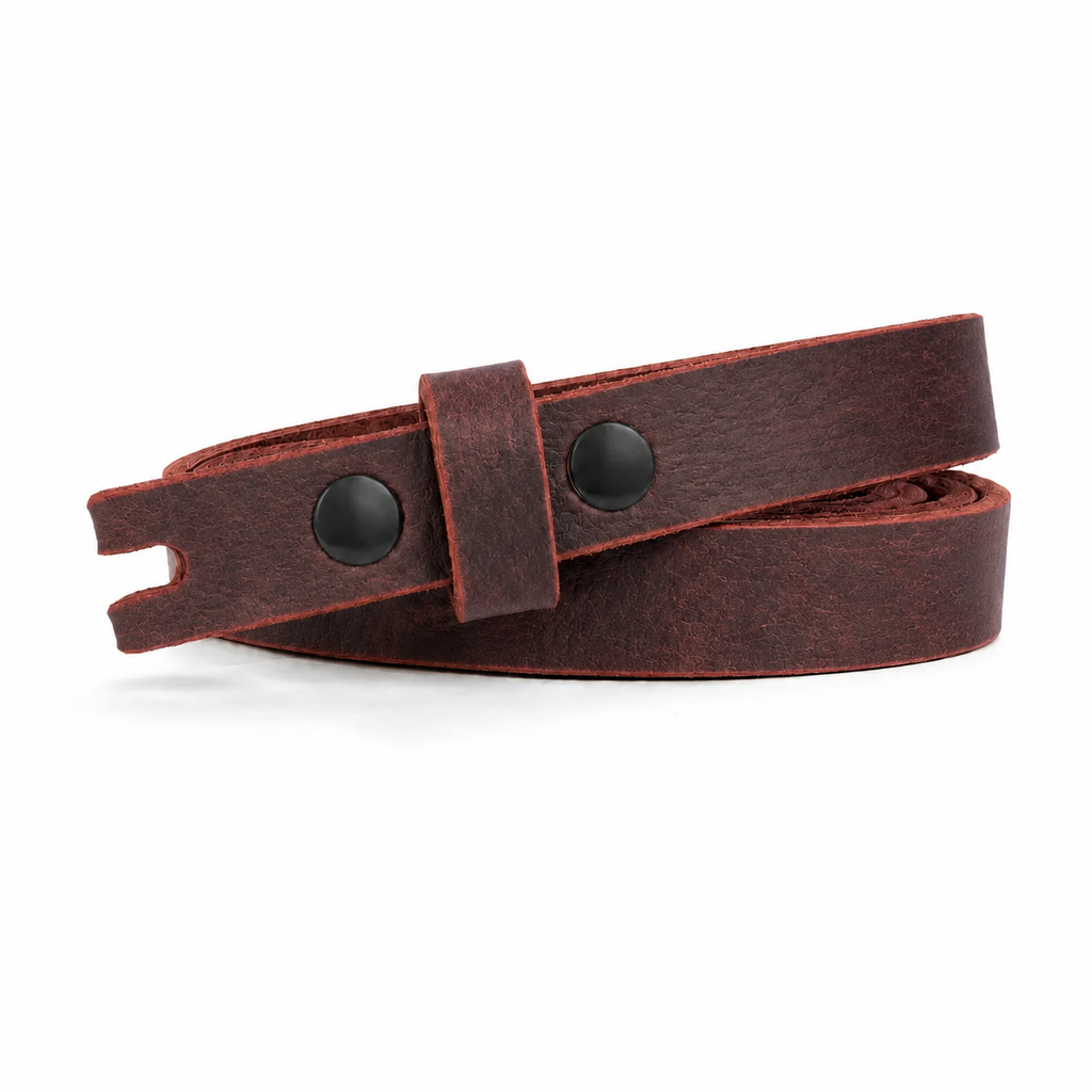 title=Narrow Women's Leather Belt; color=Crazy Horse Red; hw=Premium Snaps; hw_color=Black