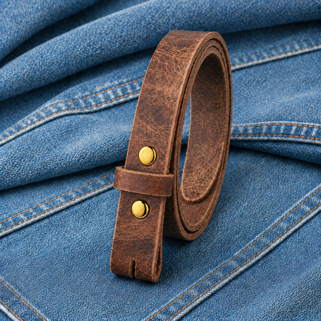 title=Buffalo Snap Belt Strap 1"; color=Antique Brown; hw=Premium Snaps; hw_color=Gold