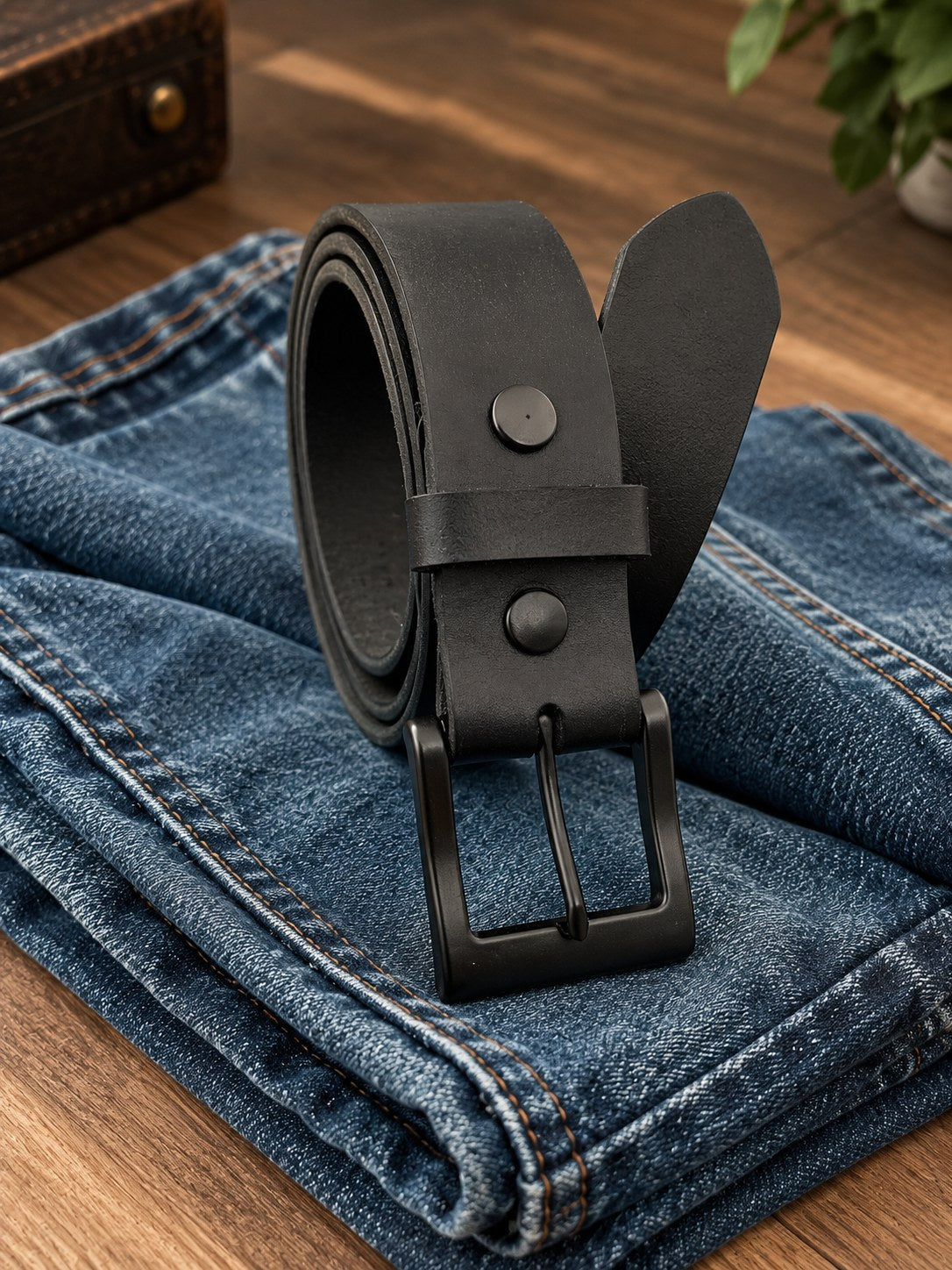 Black English Bridle leather belt with matte black buckle, rolled on denim