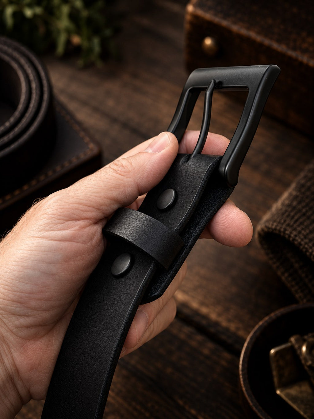 Black Hermann Oak English Bridle belt with matte black buckle in hand