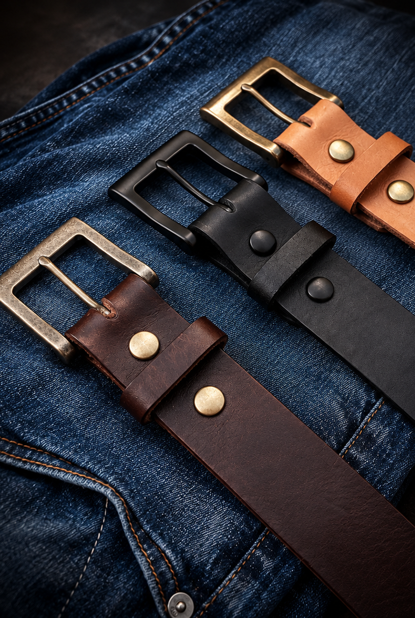 Three full grain leather belts in dark brown, black and tan with brass and black buckles on denim
