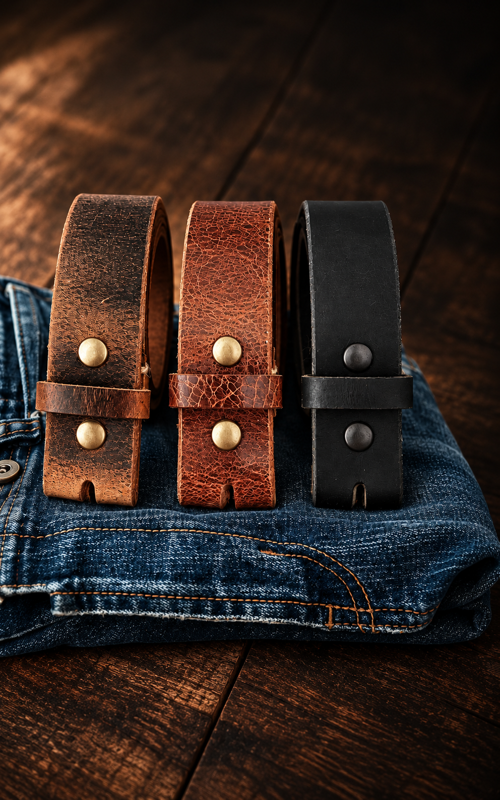 Three snap-on buffalo leather belt straps in distressed brown, tan and black on folded denim