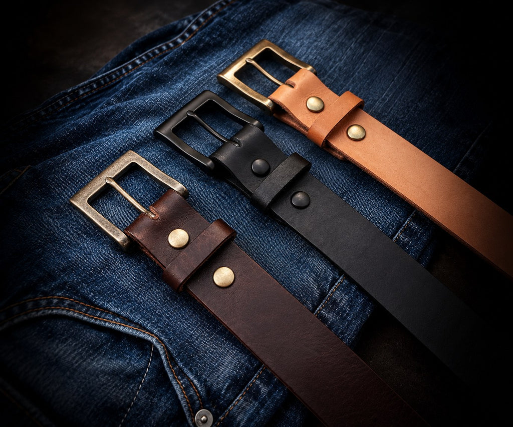 Hermann Oak English Bridle belts in Black, Havana Brown and London Tan