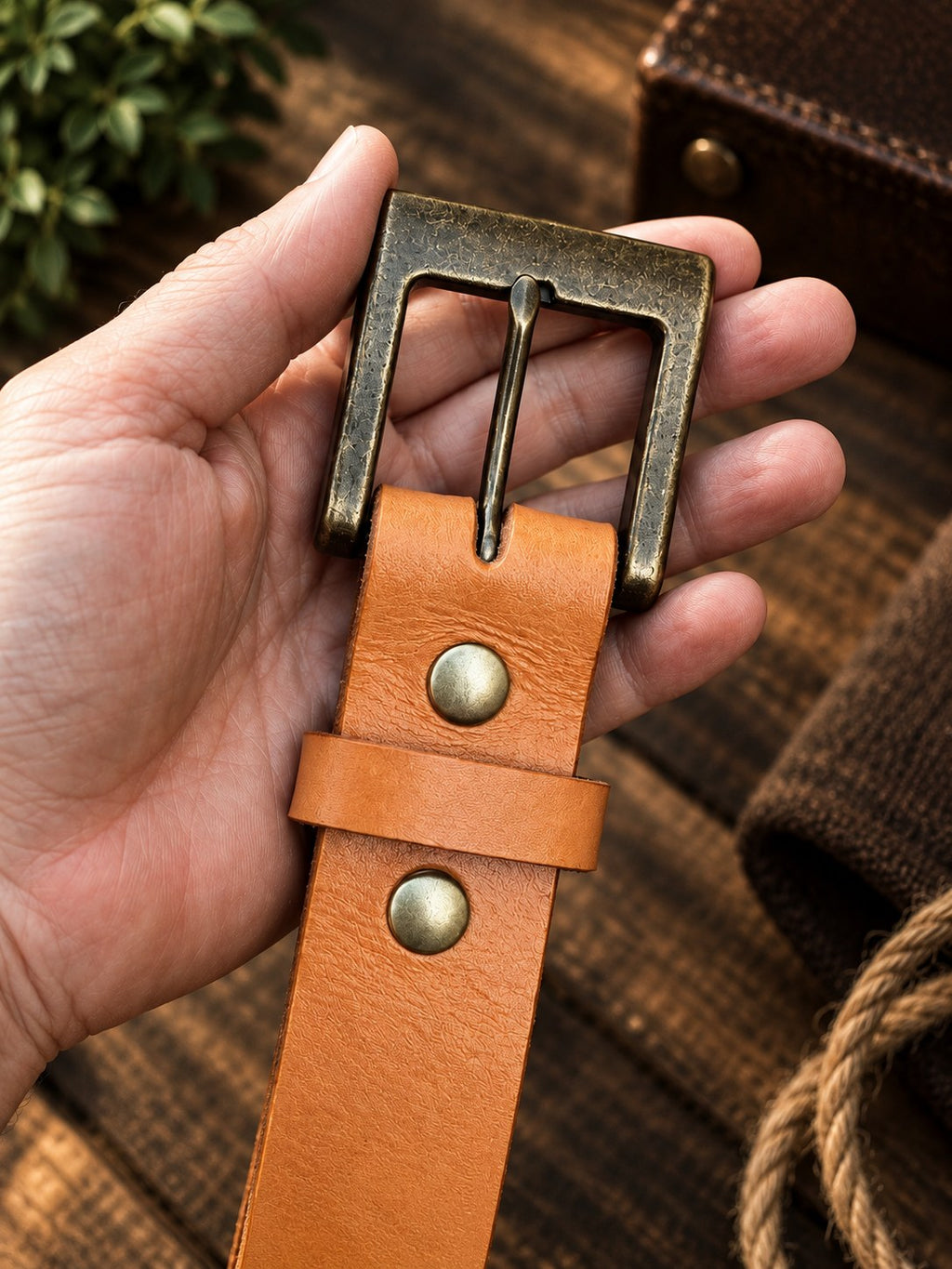 London Tan Hermann Oak English Bridle belt with antique brass buckle in hand