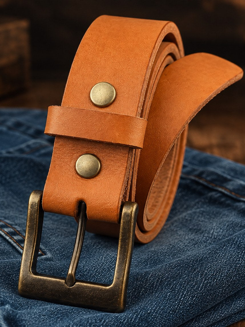 London Tan English Bridle leather belt with antique brass buckle on denim