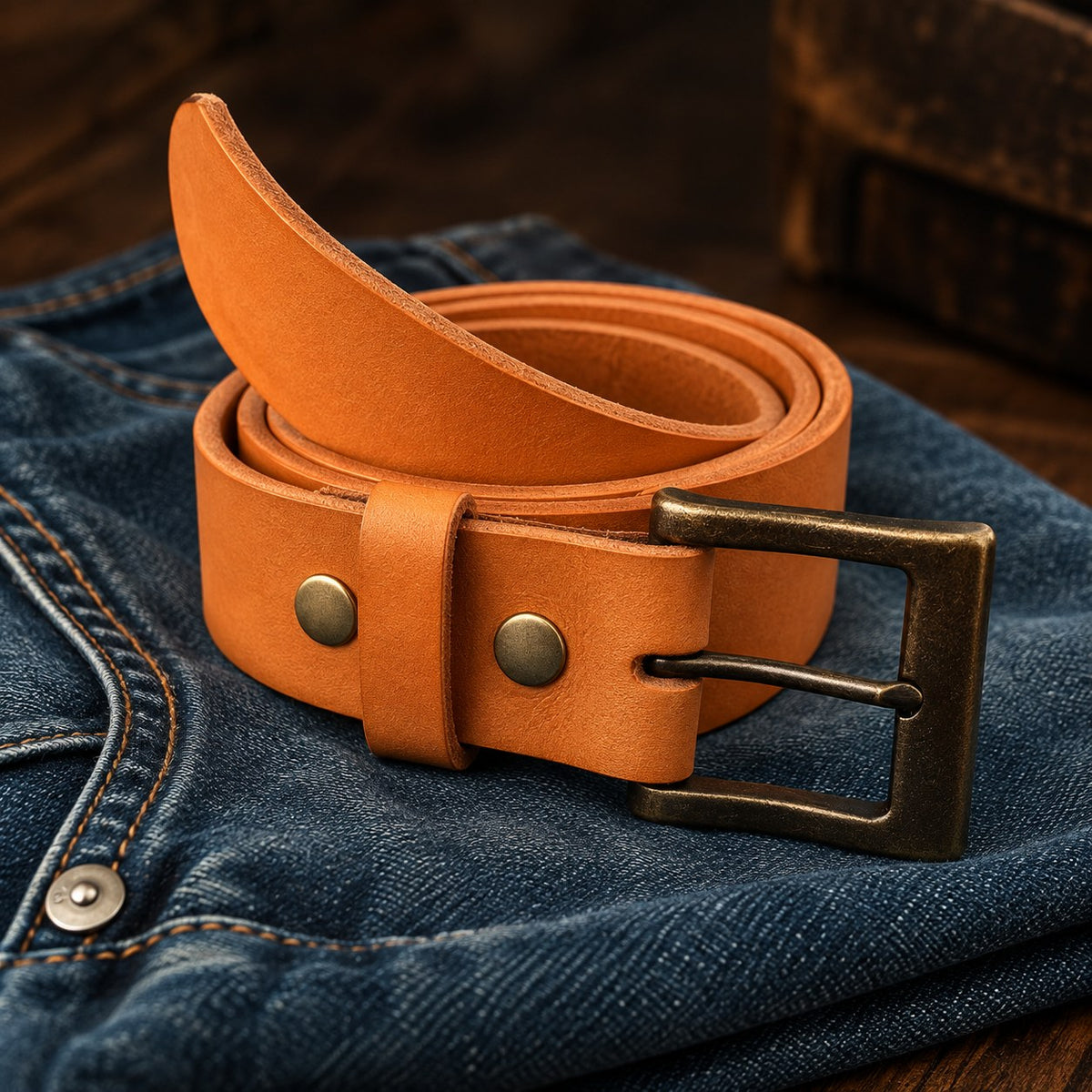 Rolled London Tan English Bridle belt with antique brass buckle