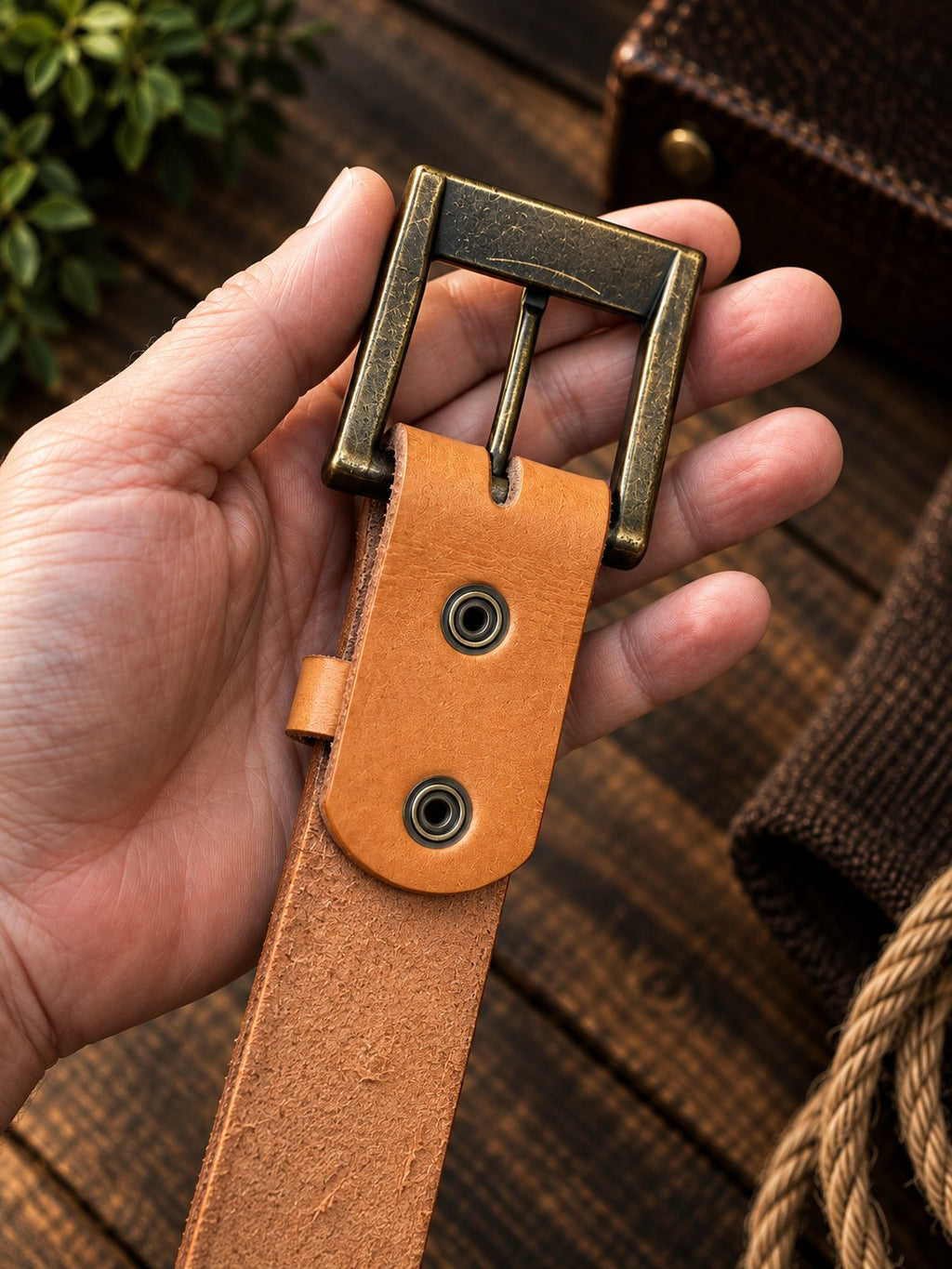 Back of the London Tan belt fold with Hasi-Hato snaps