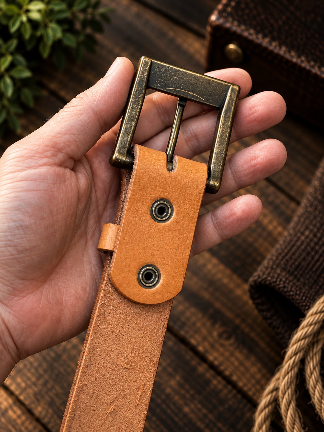 Back of the London Tan belt fold with Hasi-Hato snaps